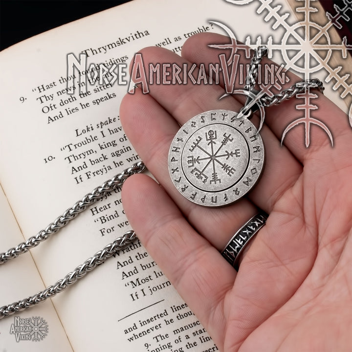 Viking Vegvisir Elder Futhark Rune Spinner Stainless Steel Pendant Necklace