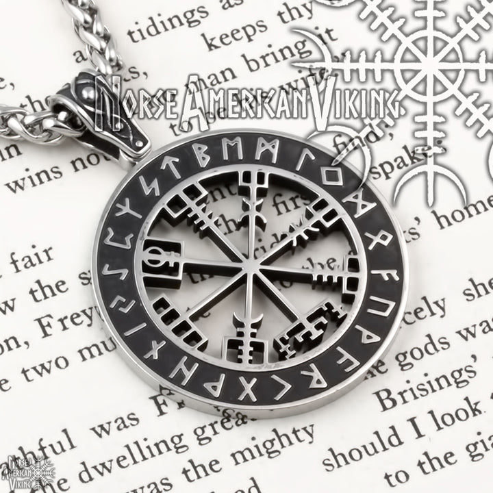 Viking Vegvisir Elder Futhark Rune Compass Stainless Steel Pendant Necklace