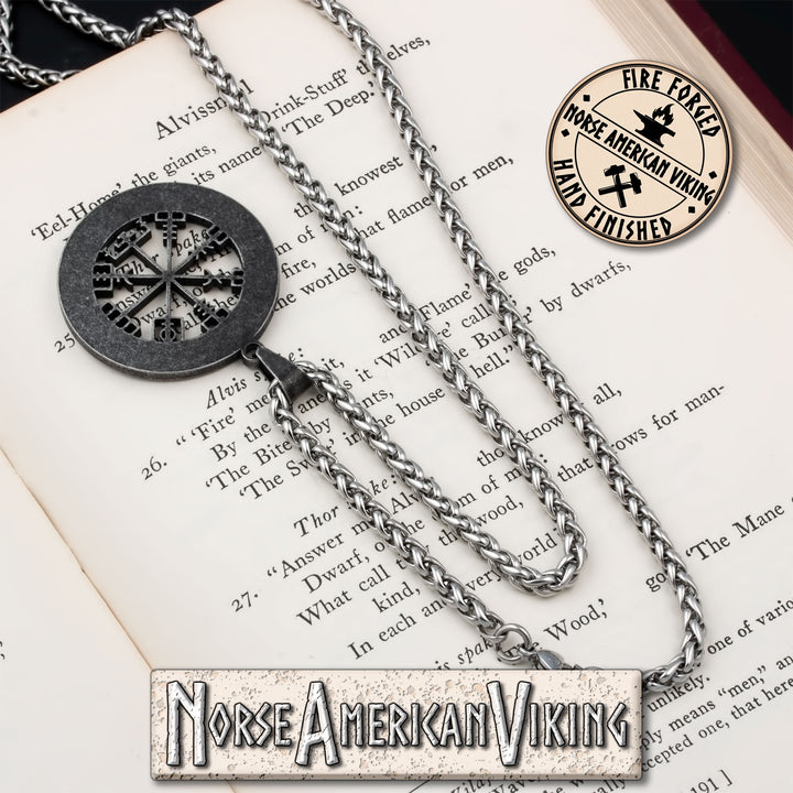 Viking Vegvisir Elder Futhark Rune Compass Stainless Steel Pendant Necklace