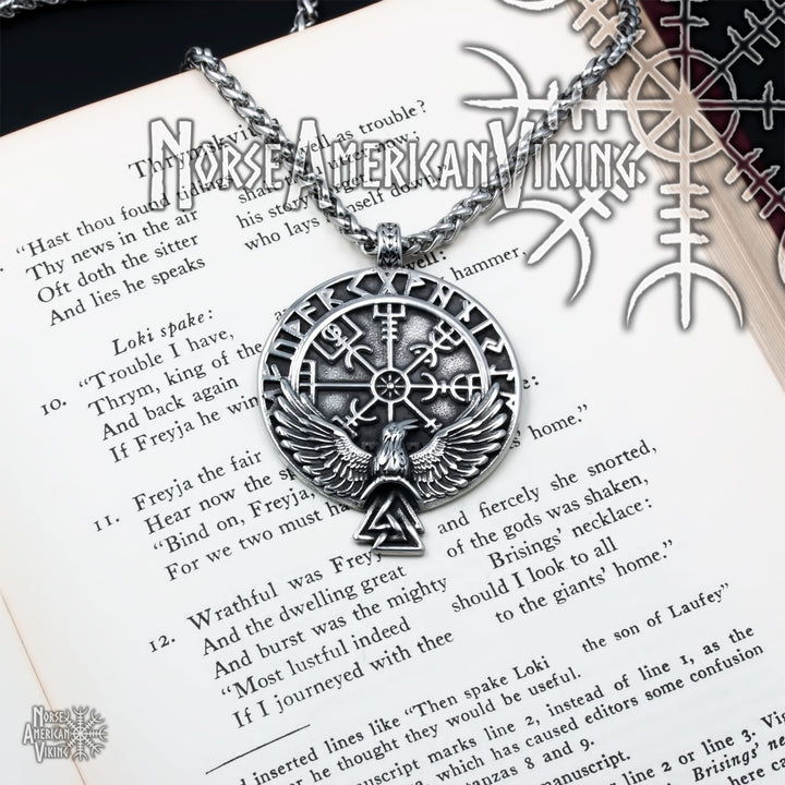 Viking Compass Vegvisir Rune Raven Valknut Stainless Steel Pendant Necklace