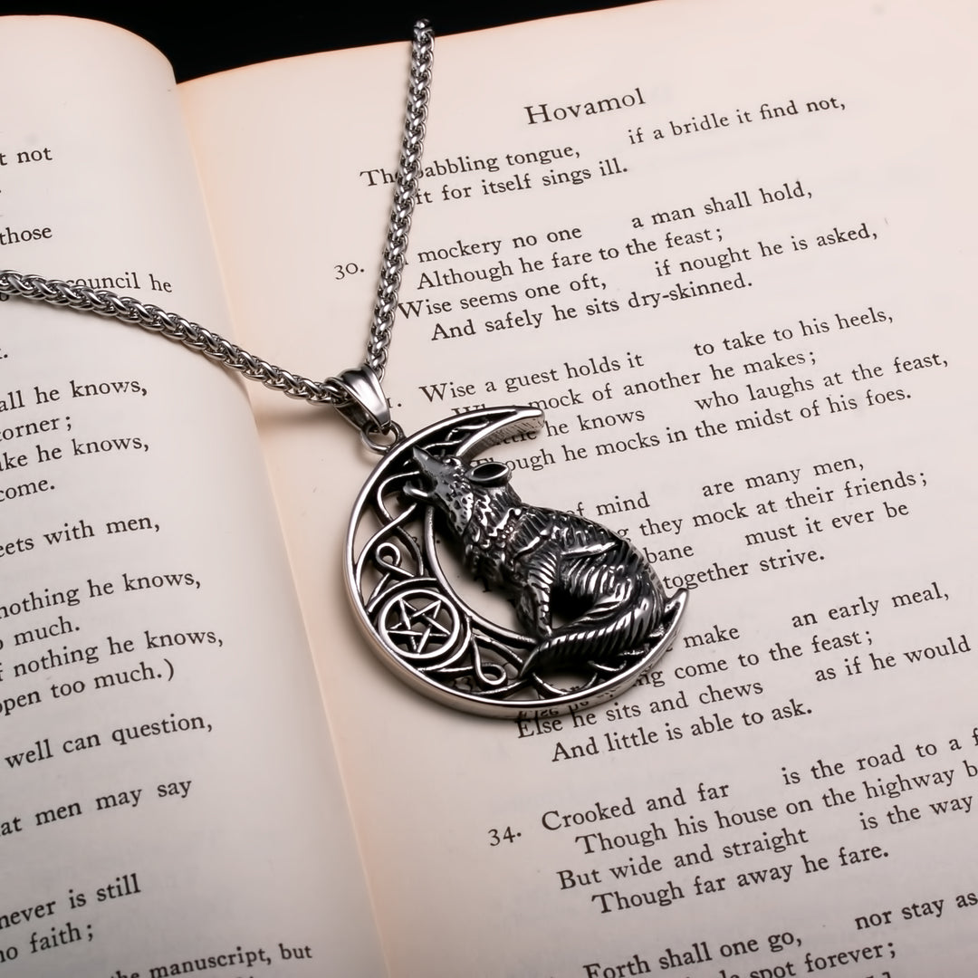 Viking Fenrir Wolf Crescent Moon Stainless Steel Pendant Necklace