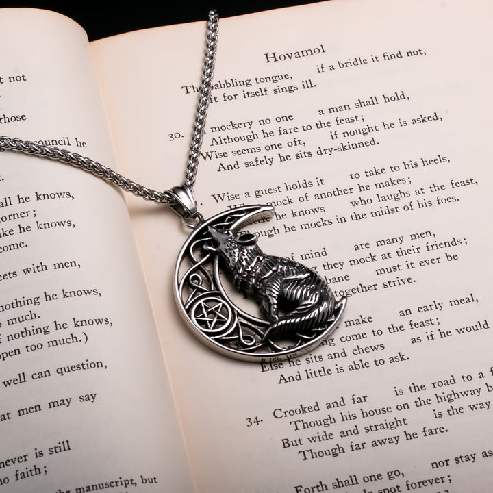 Viking Fenrir Wolf Crescent Moon Stainless Steel Pendant Necklace