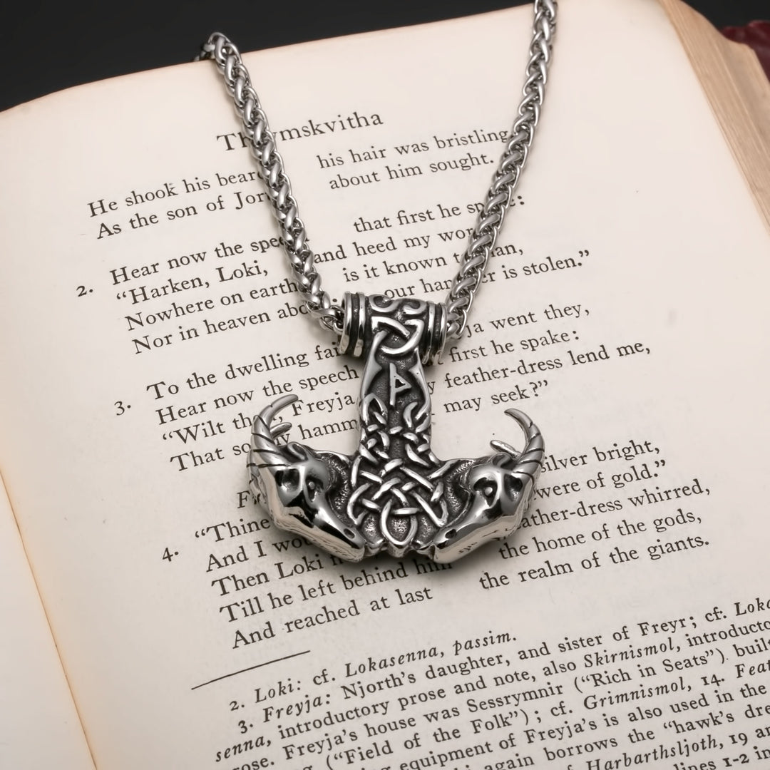 Viking Mjolnir Thor's Hammer Goat Head Stainless Steel Pendant Necklace