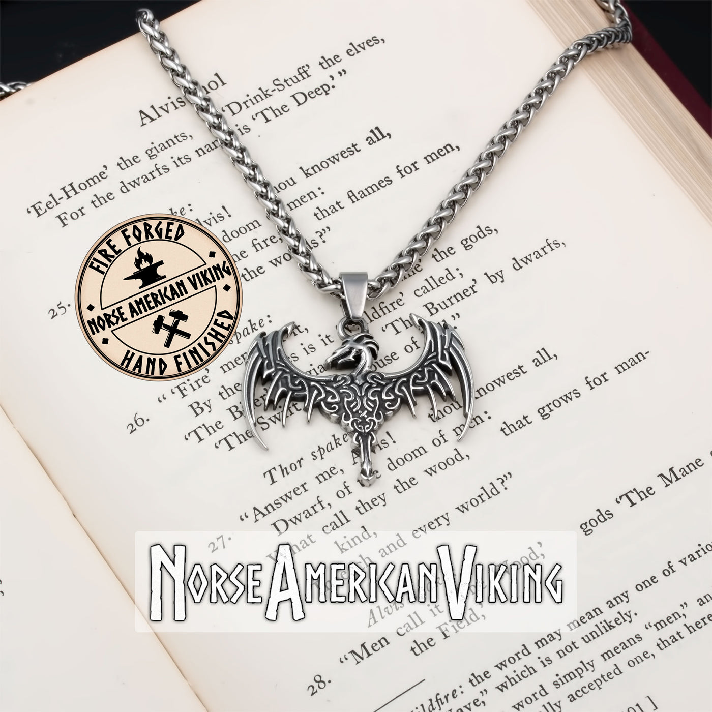 Viking Norse Dragon Stainless Steel Pendant Necklace