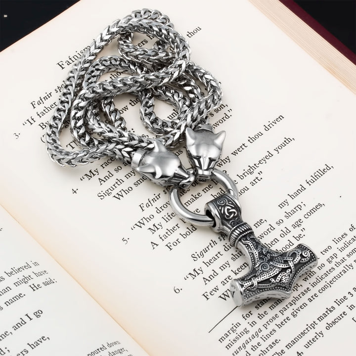 Mjolnir Thor's Hammer King Wolf Foxtail Necklace 316L Stainless Steel Viking