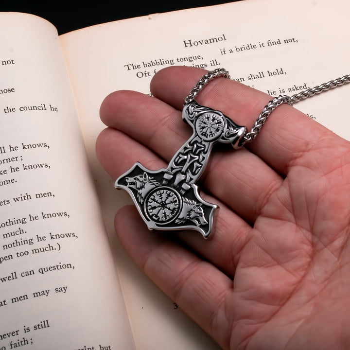 Viking Mjolnir Thor's Hammer Vegvisir Wolf Stainless Steel Pendant Necklace