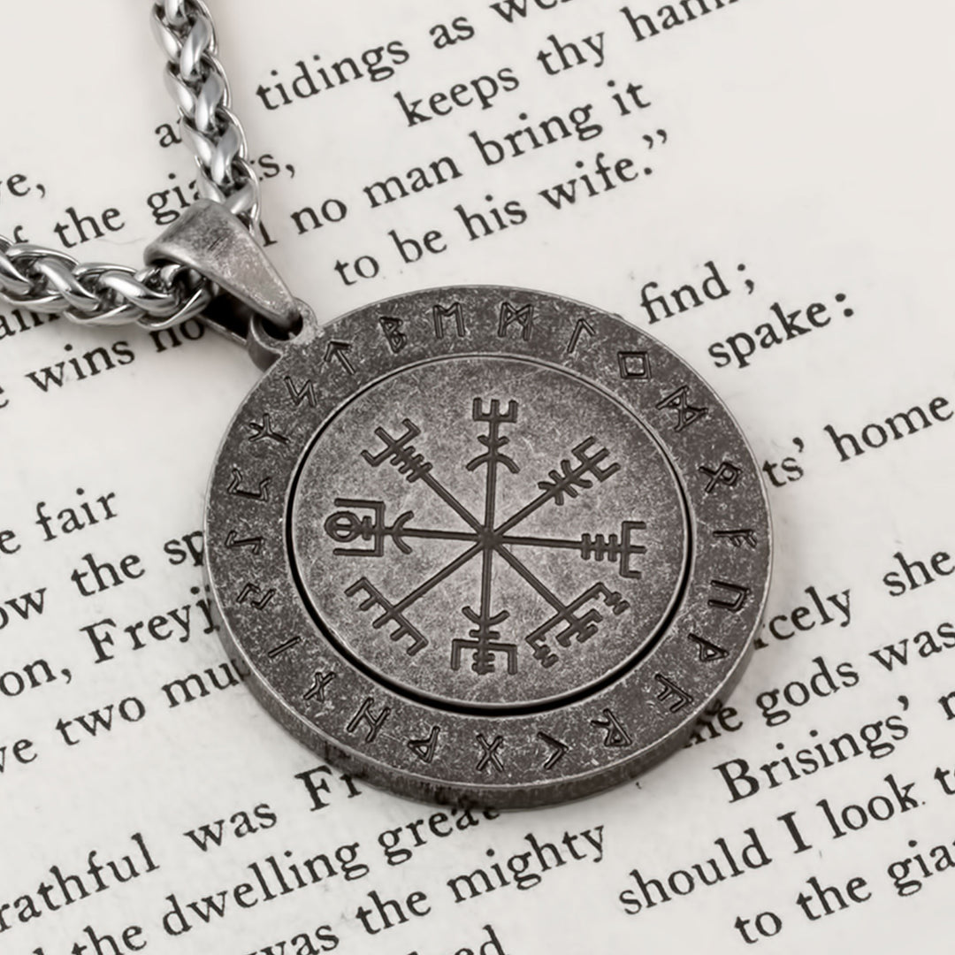 Vegvisir Elder Futhark Rune Spinner Pendant Necklace Stainless Steel Viking