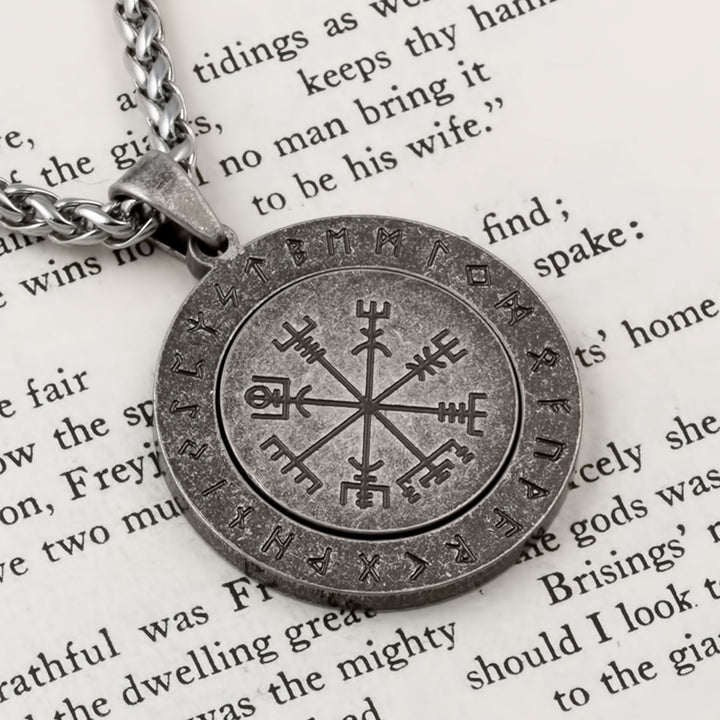 Vegvisir Elder Futhark Rune Spinner Pendant Necklace Stainless Steel Viking