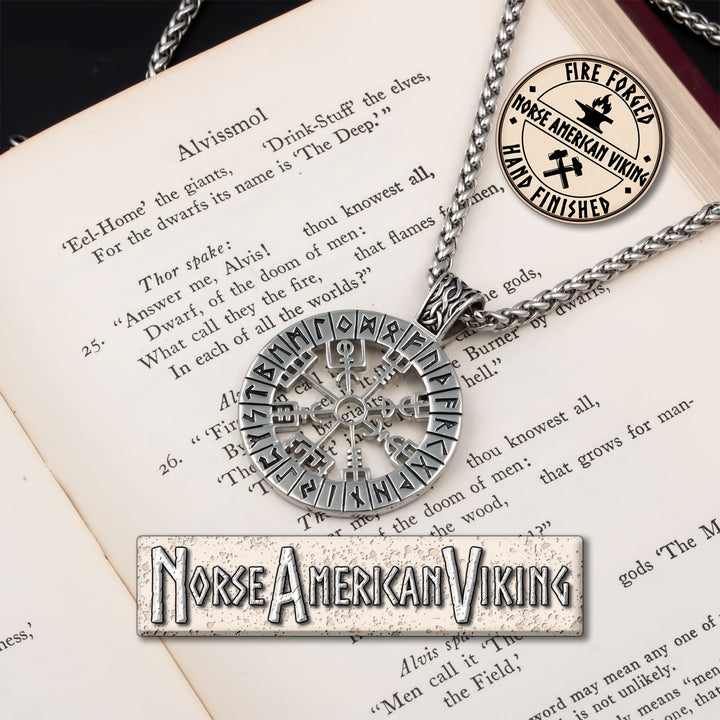 Viking Vegvisir Compass Elder Futhark Rune Stainless Steel Pendant Necklace