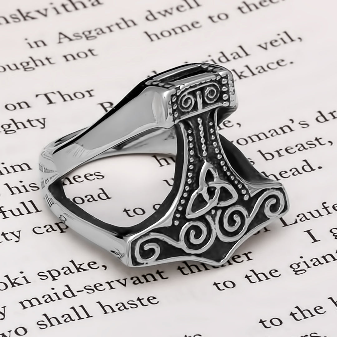 Mjolnir Trinity Knot Open Viking Ring 316L Stainless Steel