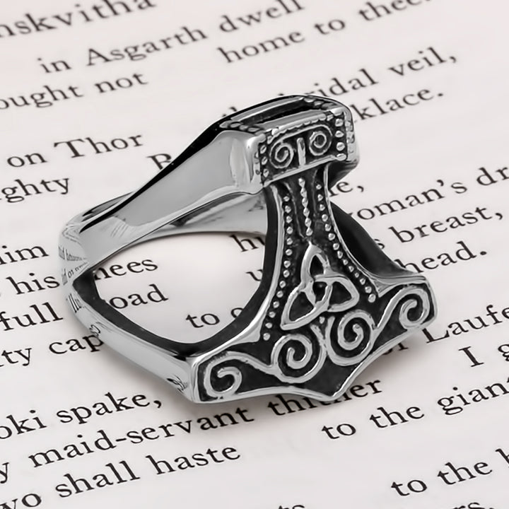 Mjolnir Trinity Knot Open Viking Ring 316L Stainless Steel