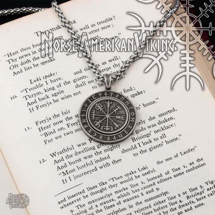 Viking Vegvisir Elder Futhark Rune Spinner Stainless Steel Pendant Necklace