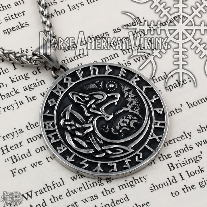 Viking Fenrir Wolf Rune Stainless Steel Pendant Necklace