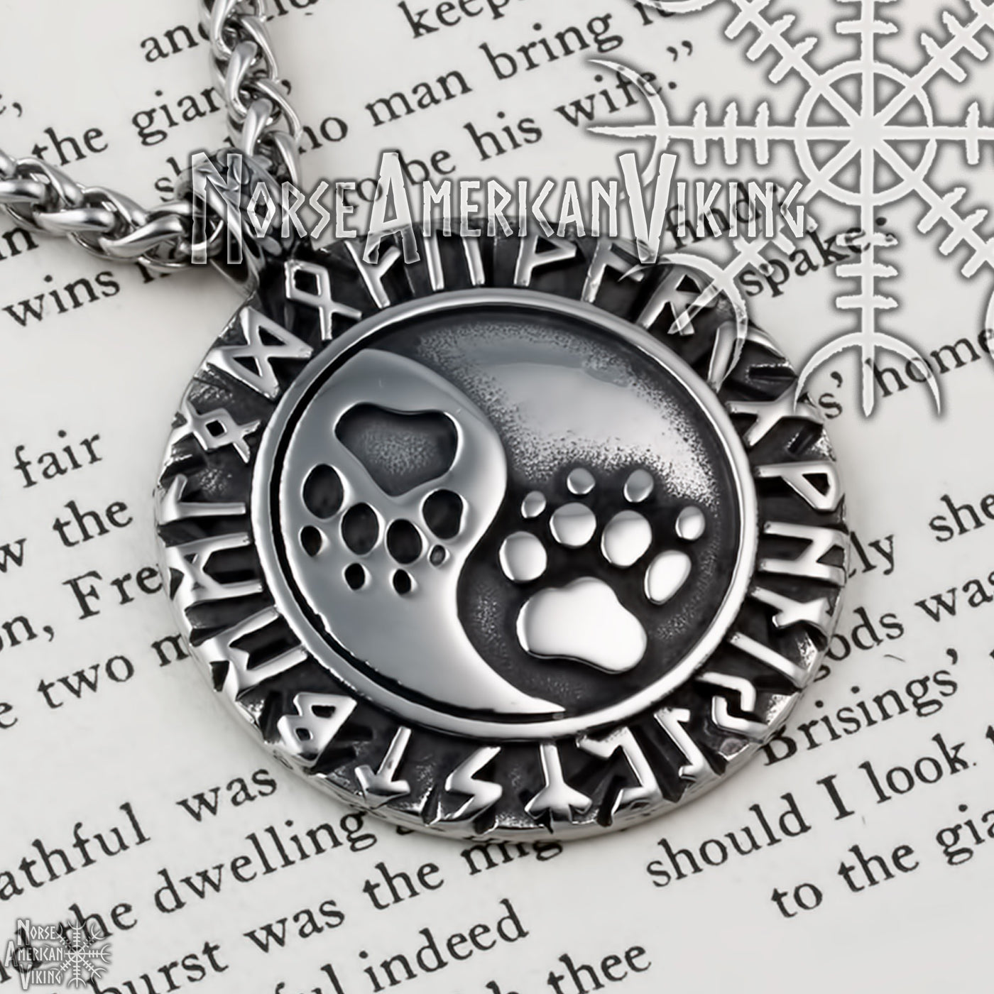 Viking Wolf Print Rune Stainless Steel Pendant Necklace