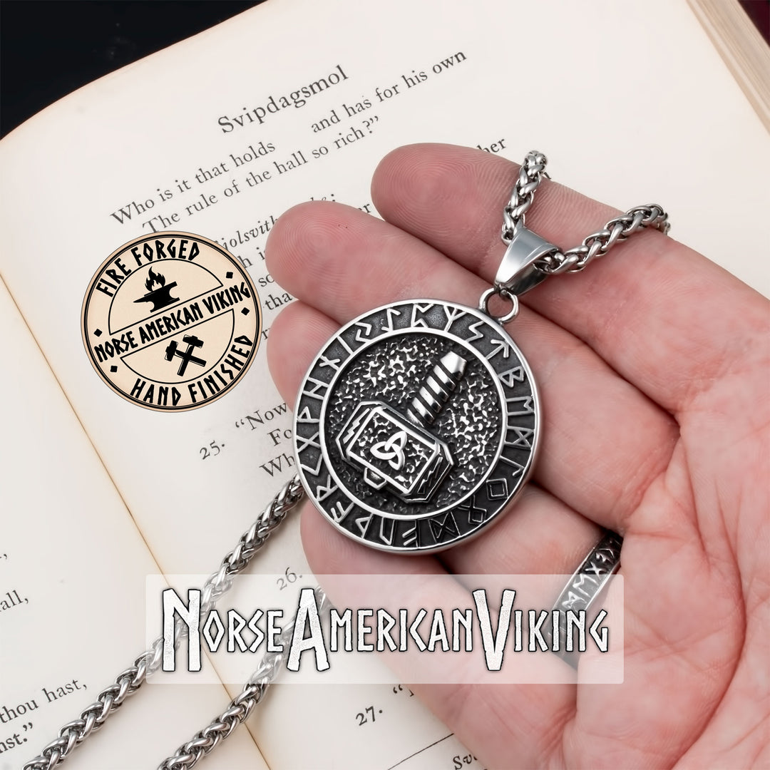 Viking Mjolnir Rune Medallion Stainless Steel Pendant Necklace