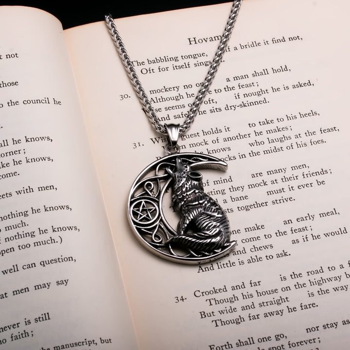 Viking Fenrir Wolf Crescent Moon Stainless Steel Pendant Necklace