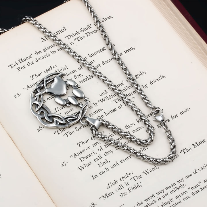 Crescent Moon Wolf Paw Print Pendant Necklace Stainless Steel Viking