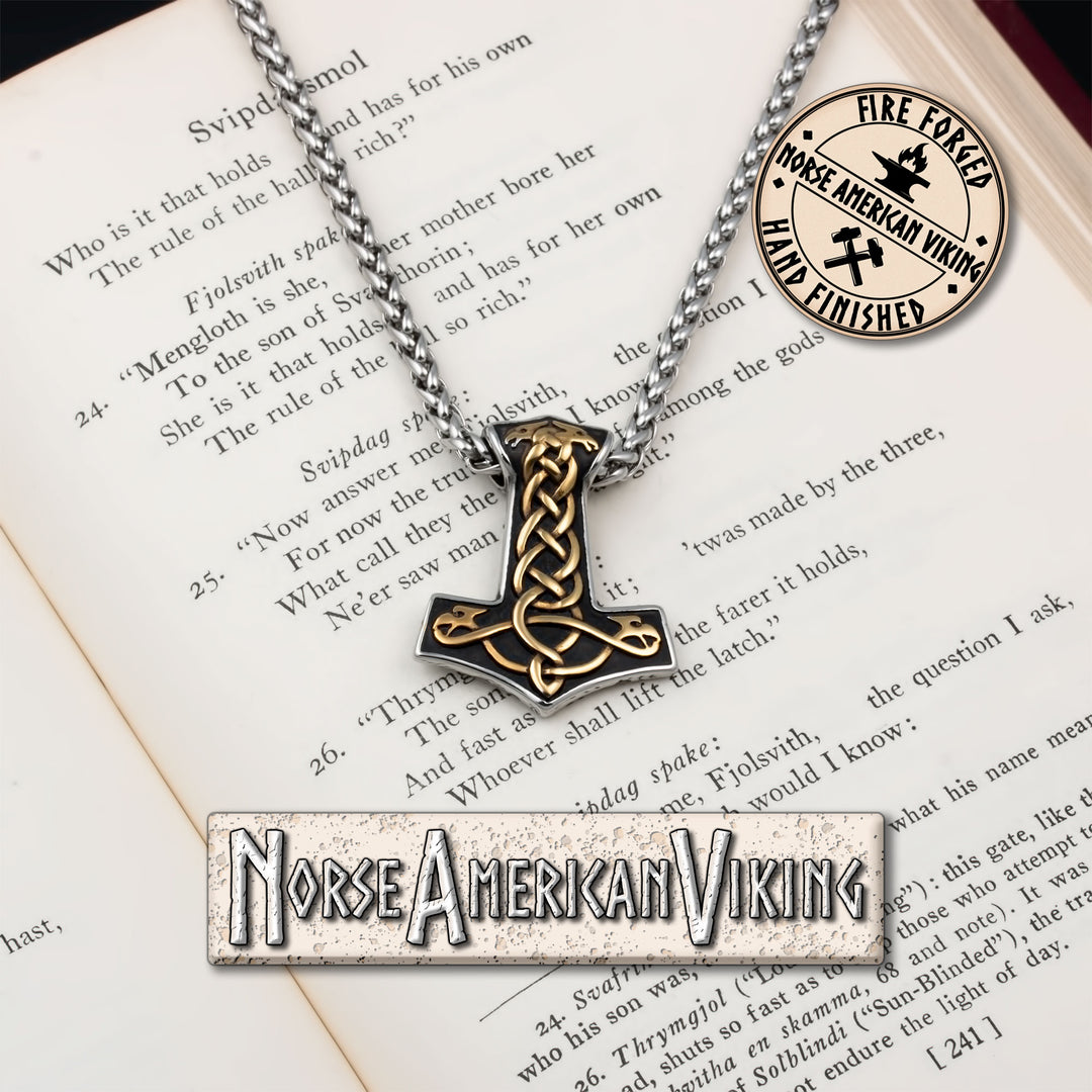 Viking Mjolnir Thor's Hammer Raven Plait Stainless Steel Pendant Necklace