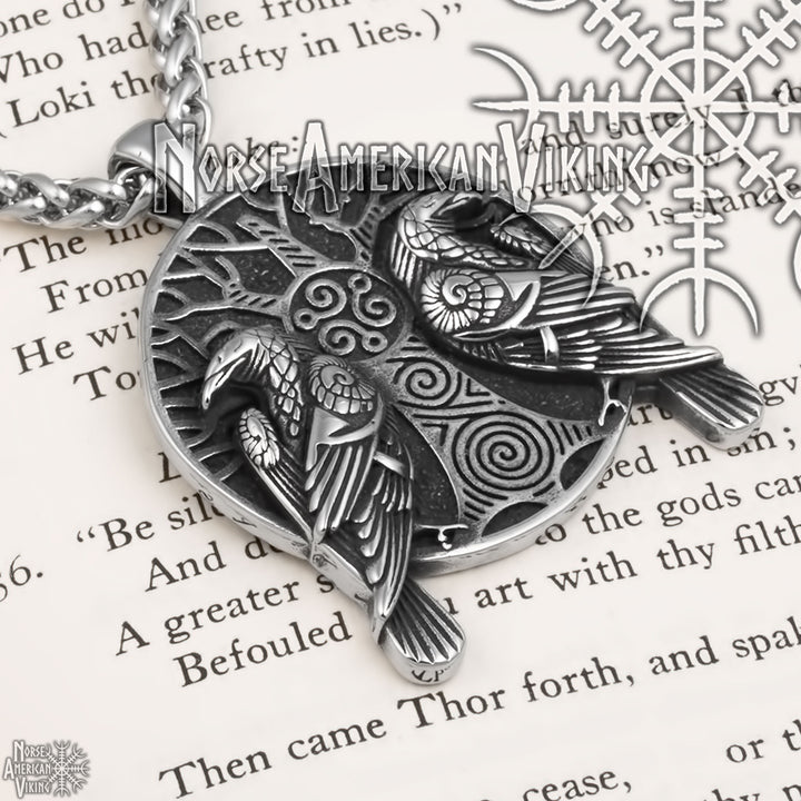 Viking Ravens Tree Triskele Stainless Steel Pendant Necklace