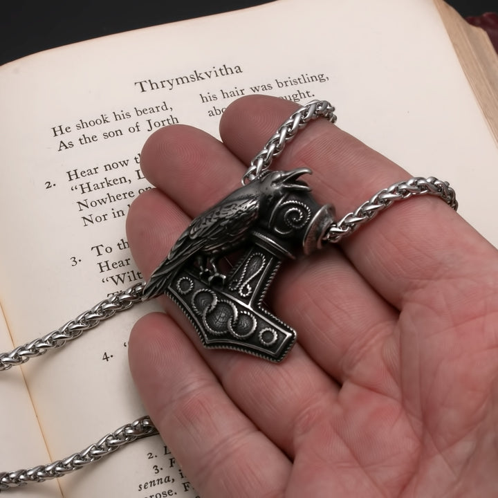 Viking Mjolnir Thor's Hammer Raven Stainless Steel Pendant Necklace