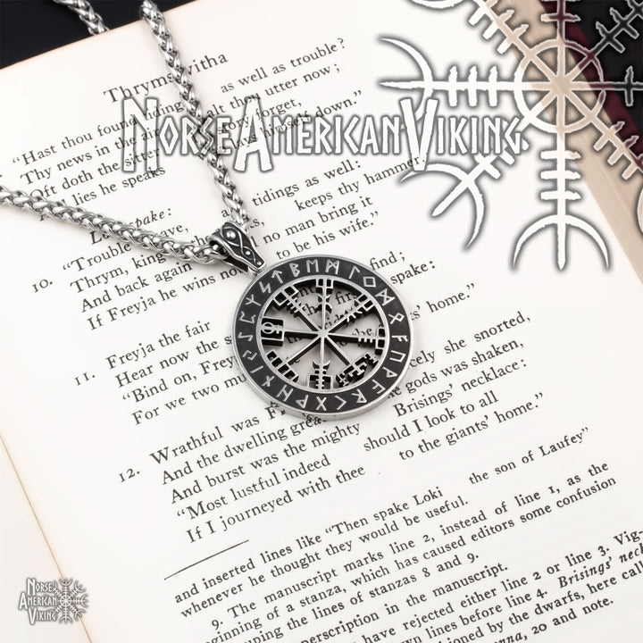 Viking Vegvisir Elder Futhark Rune Compass Stainless Steel Pendant Necklace