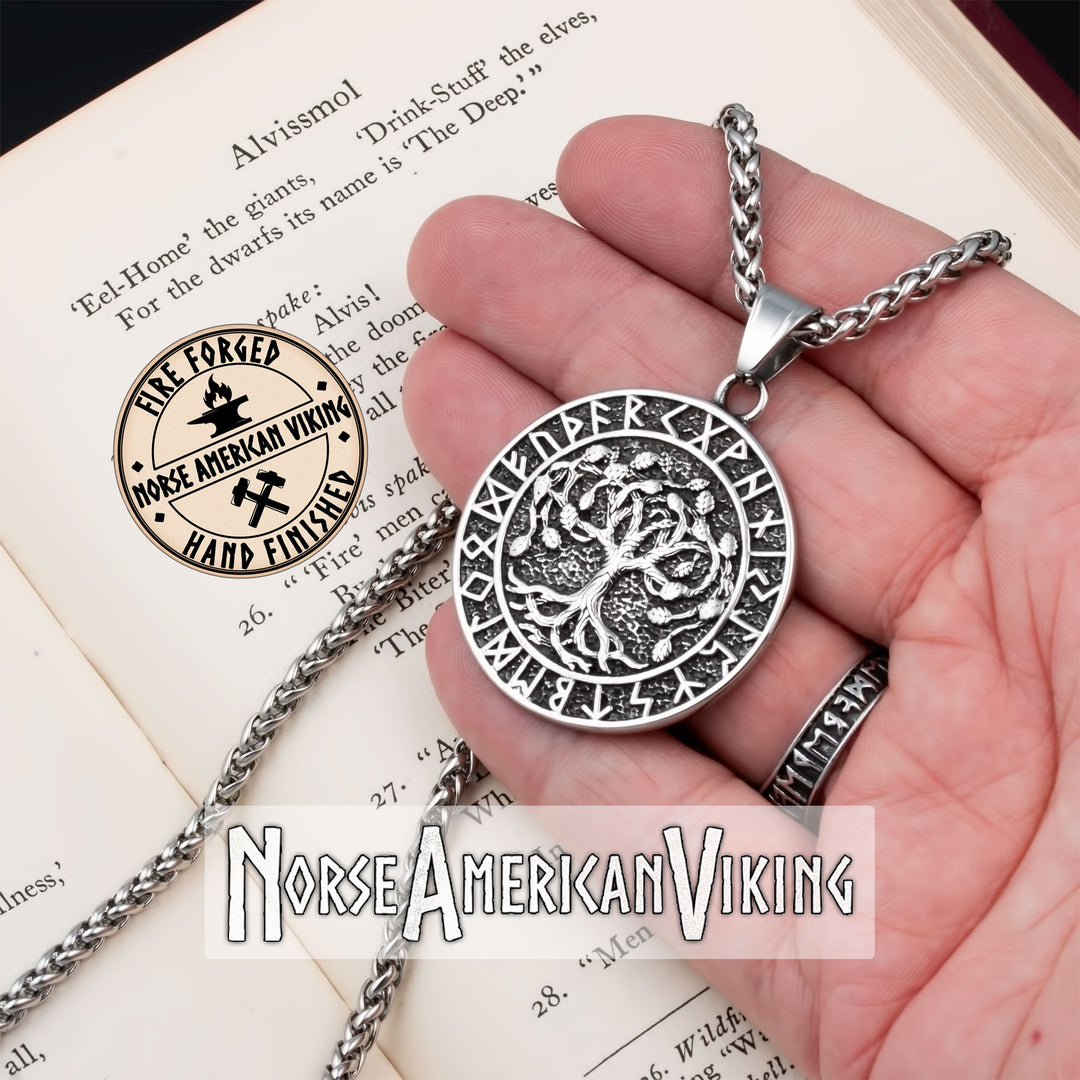 Viking Yggdrasil World Tree Rune Stainless Steel Pendant Necklace