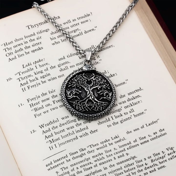Yggdrasil World Ash Tree Wolf Pentagram Pendant Necklace Stainless Steel Viking