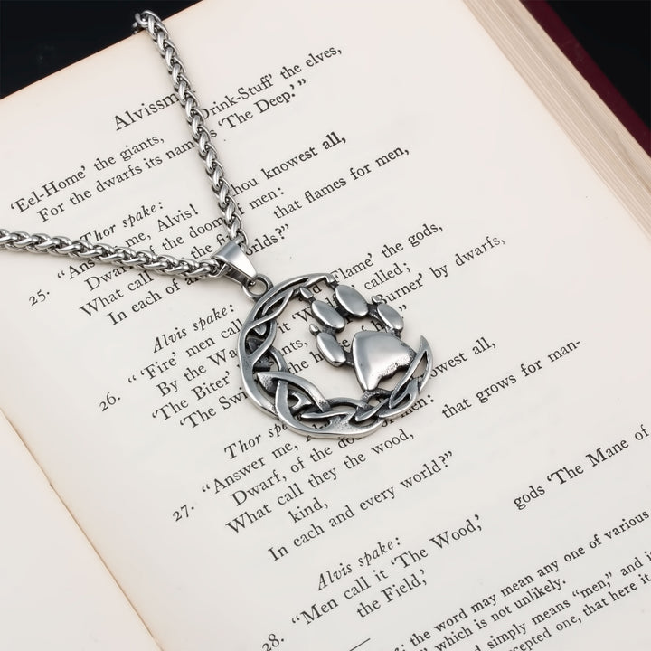 Crescent Moon Wolf Paw Print Pendant Necklace Stainless Steel Viking