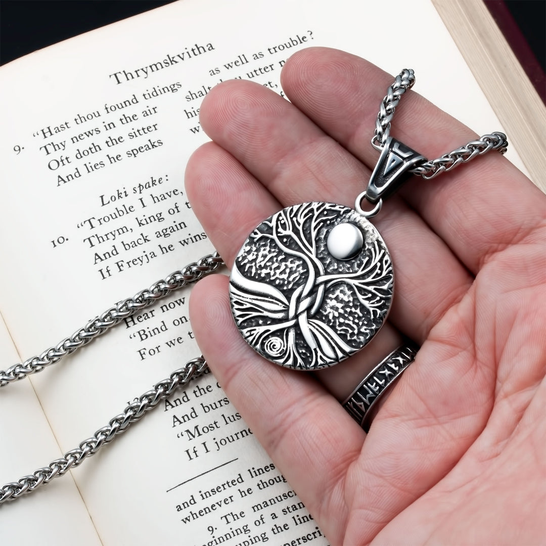 Yggdrasil World Ash Tree Moon Pendant Necklace Stainless Steel Viking