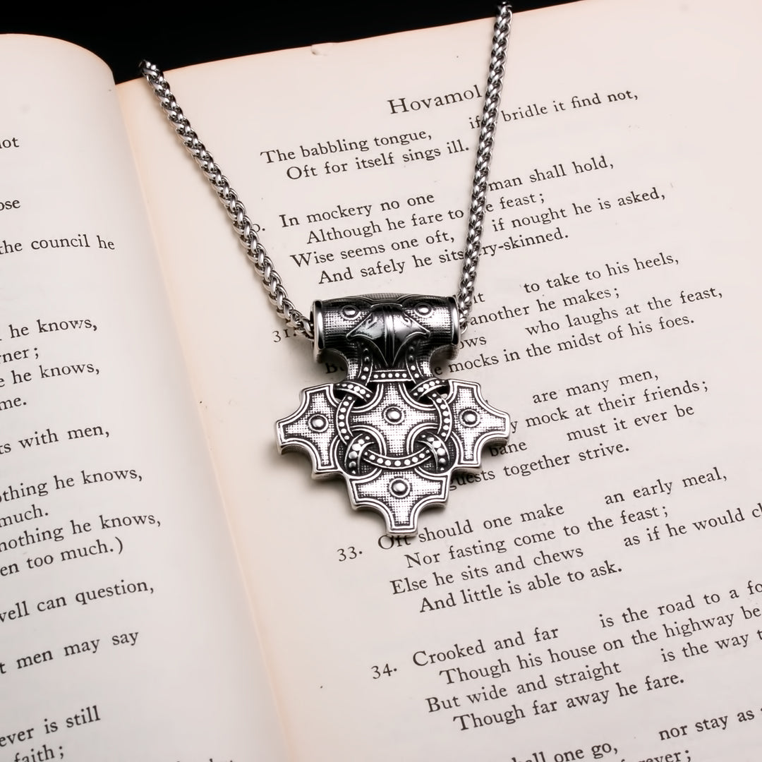 Viking Mjolnir Thor's Hammer Raven Cross Stainless Steel Pendant Necklace