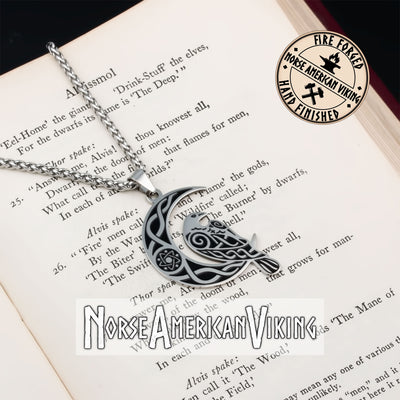 Viking Raven Crescent Moon Stainless Steel Pendant Necklace