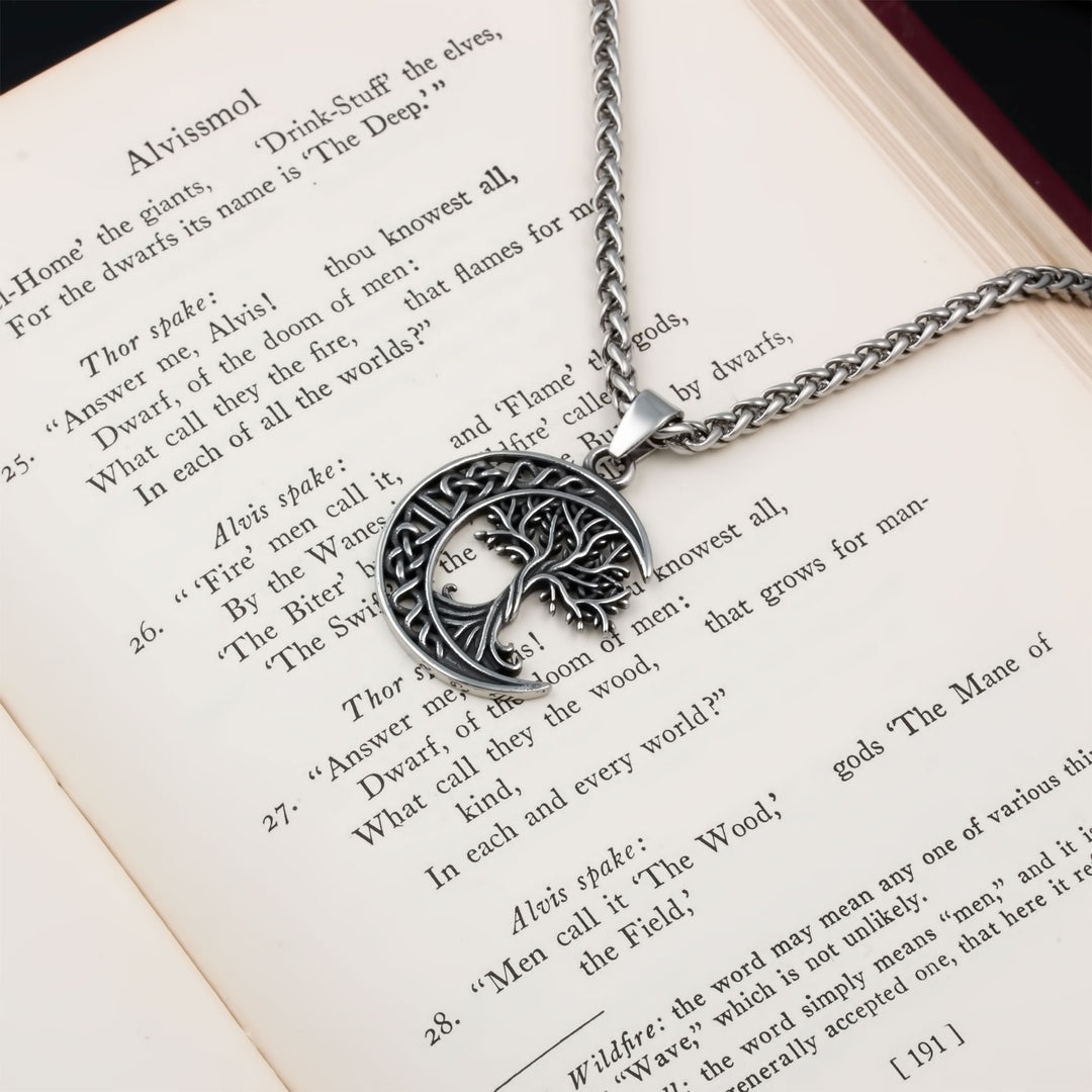 Yggdrasil World Ash Tree Moon Pendant Necklace Stainless Steel Viking