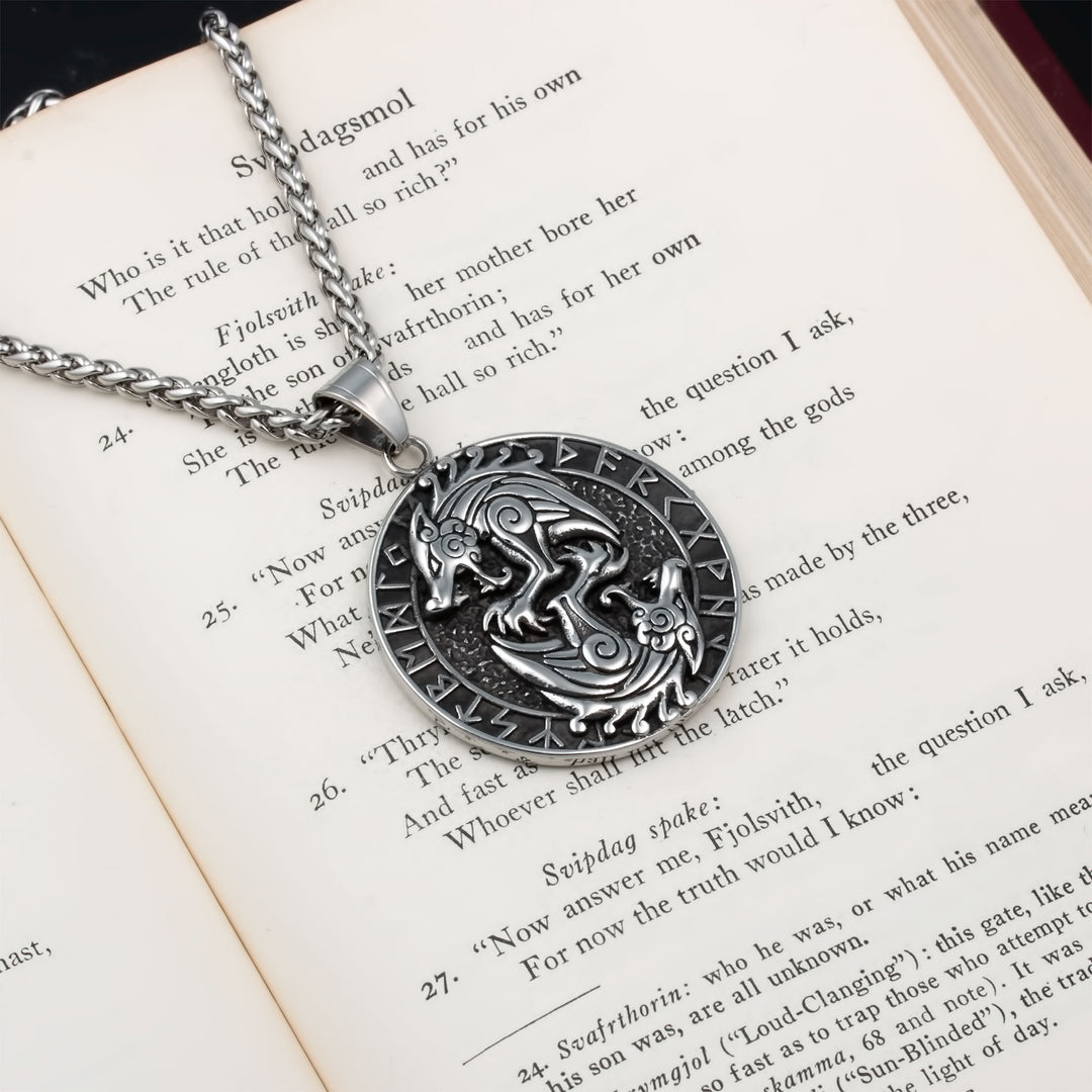 Wolf Rune Pendant Necklace Stainless Steel Viking