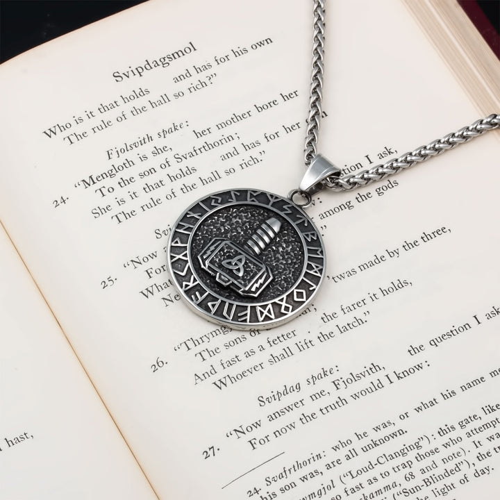 Mjolnir Rune Medallion Pendant Necklace Stainless Steel Viking