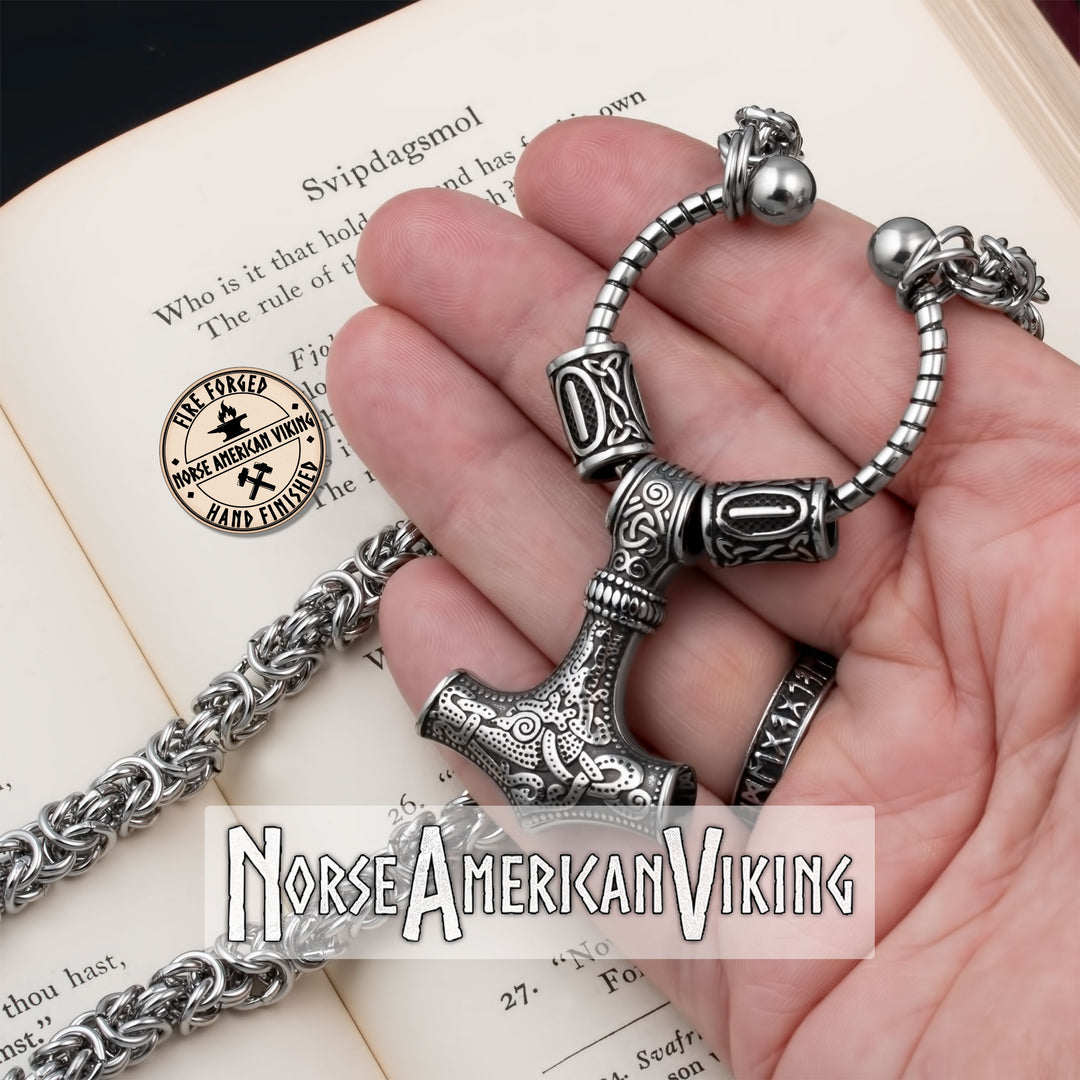 Viking Mjolnir Thor's Hammer King Rune Byzantine Necklace 316L Stainless Steel