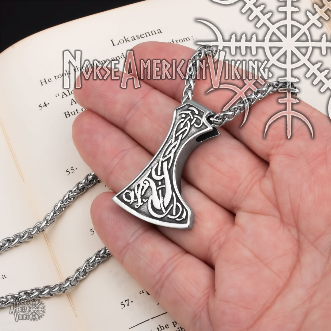 Viking Axe Norse Dragon Stainless Steel Pendant Necklace