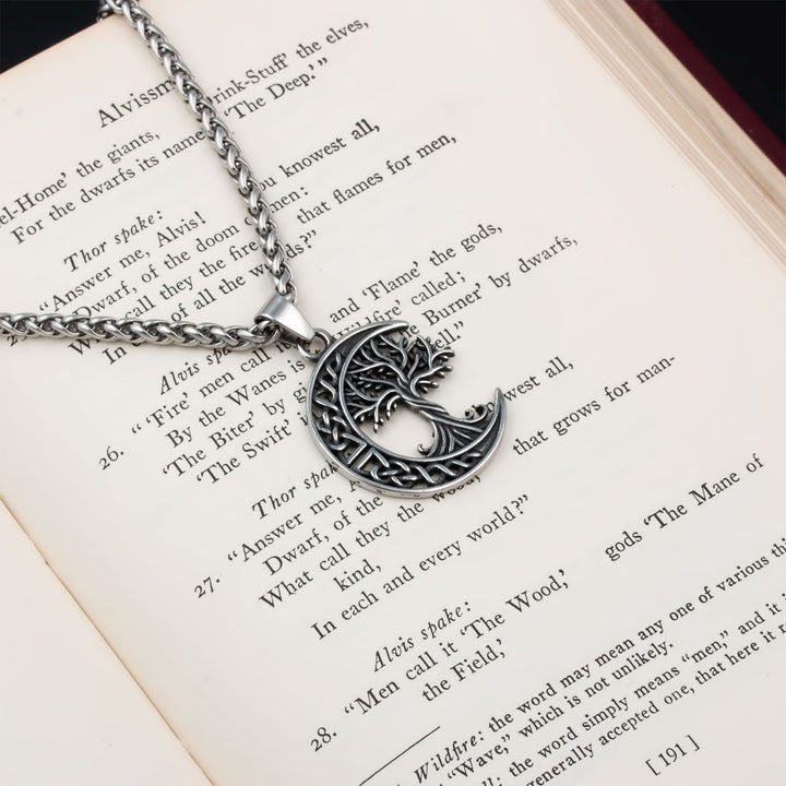Yggdrasil World Ash Tree Moon Pendant Necklace Stainless Steel Viking