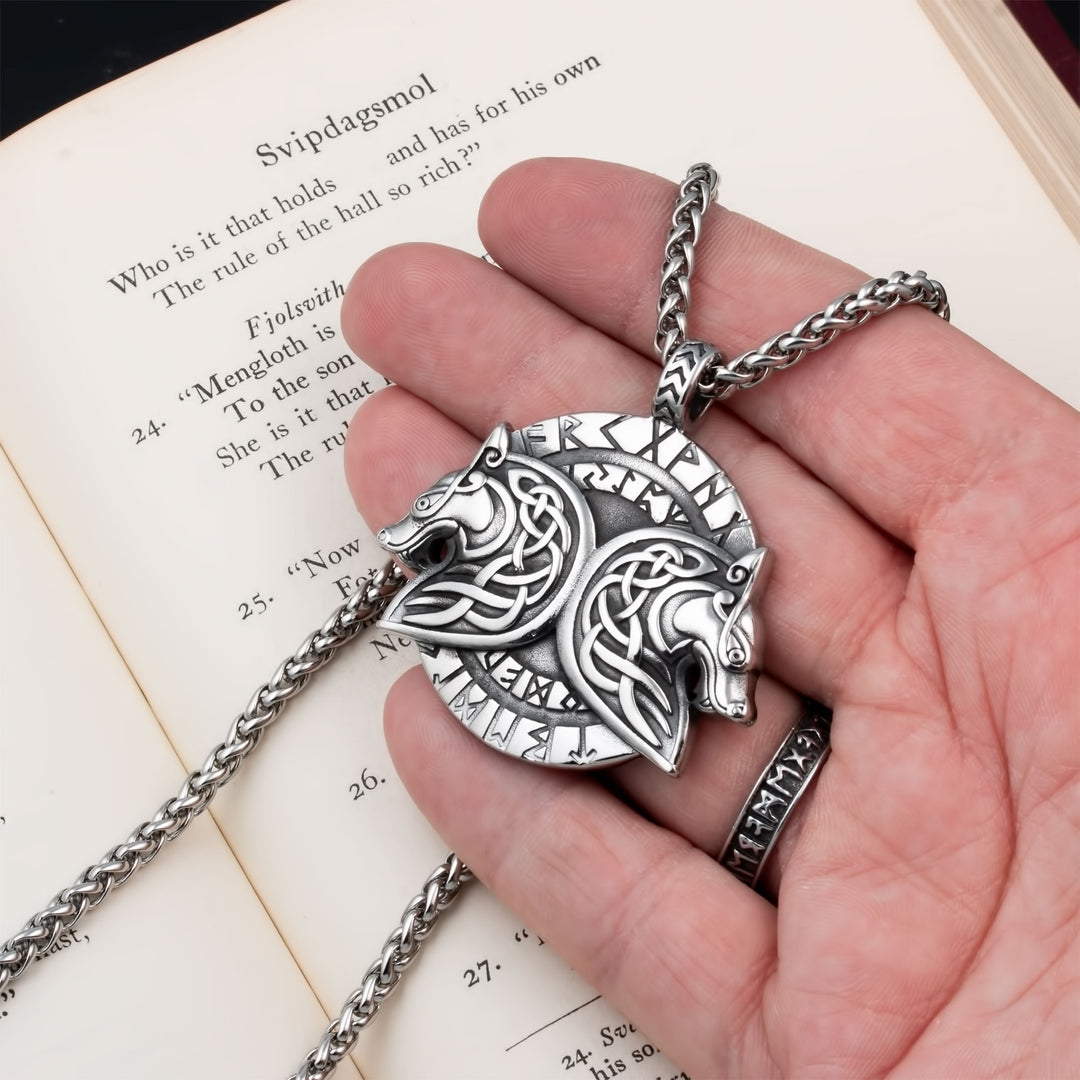 Geri and Freki Wolf Rune Pendant Necklace Stainless Steel Viking
