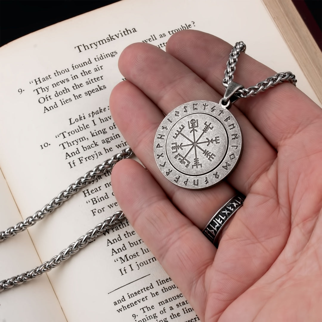 Vegvisir Elder Futhark Rune Spinner Pendant Necklace Stainless Steel Viking