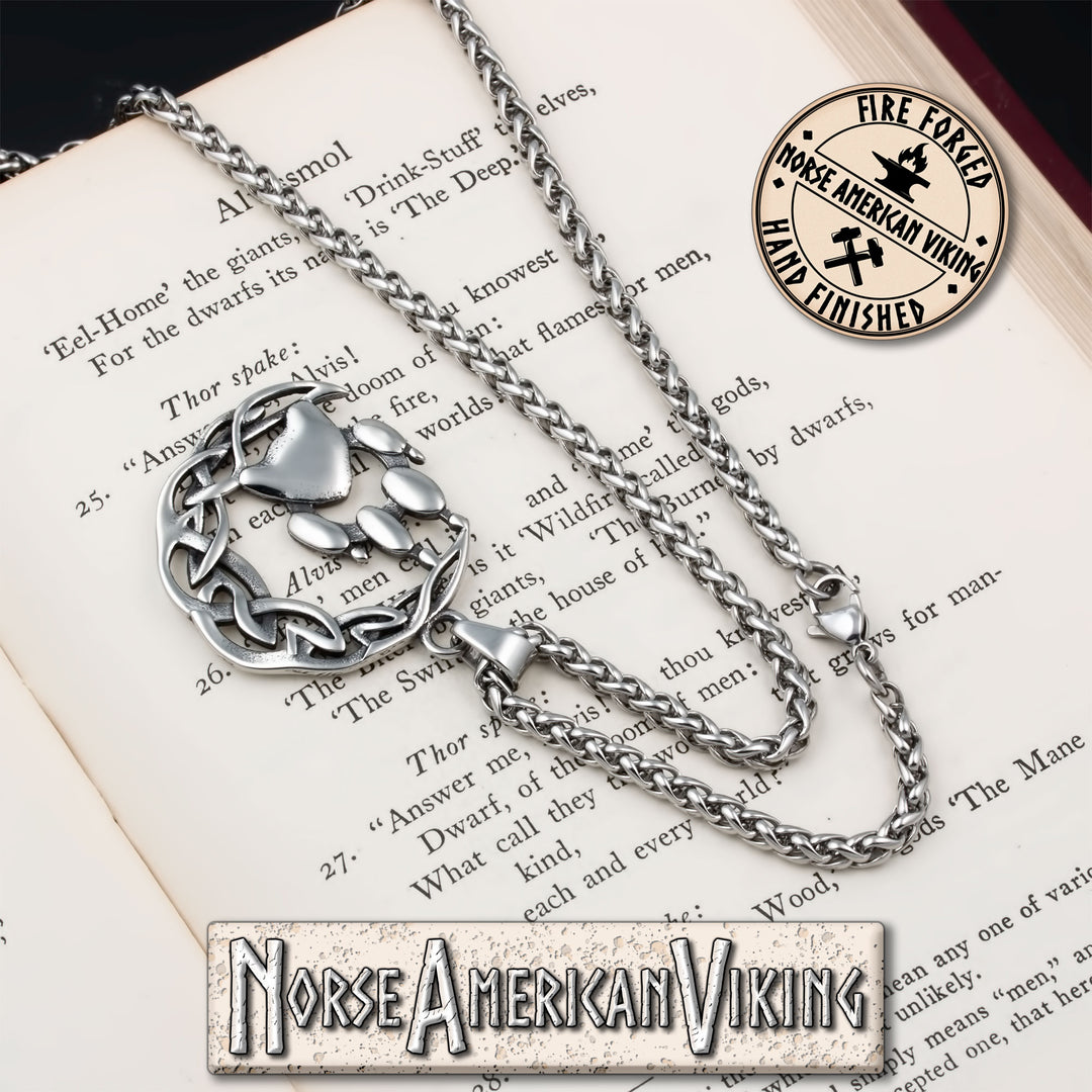 Viking Crescent Moon Wolf Paw Print Stainless Steel Pendant Necklace