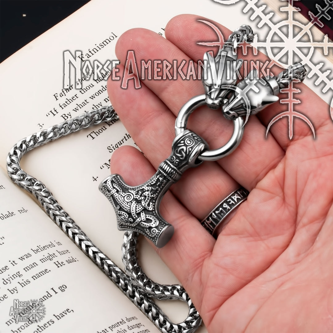 Viking Mjolnir Thor's Hammer King Wolf Foxtail Necklace 316L Stainless Steel