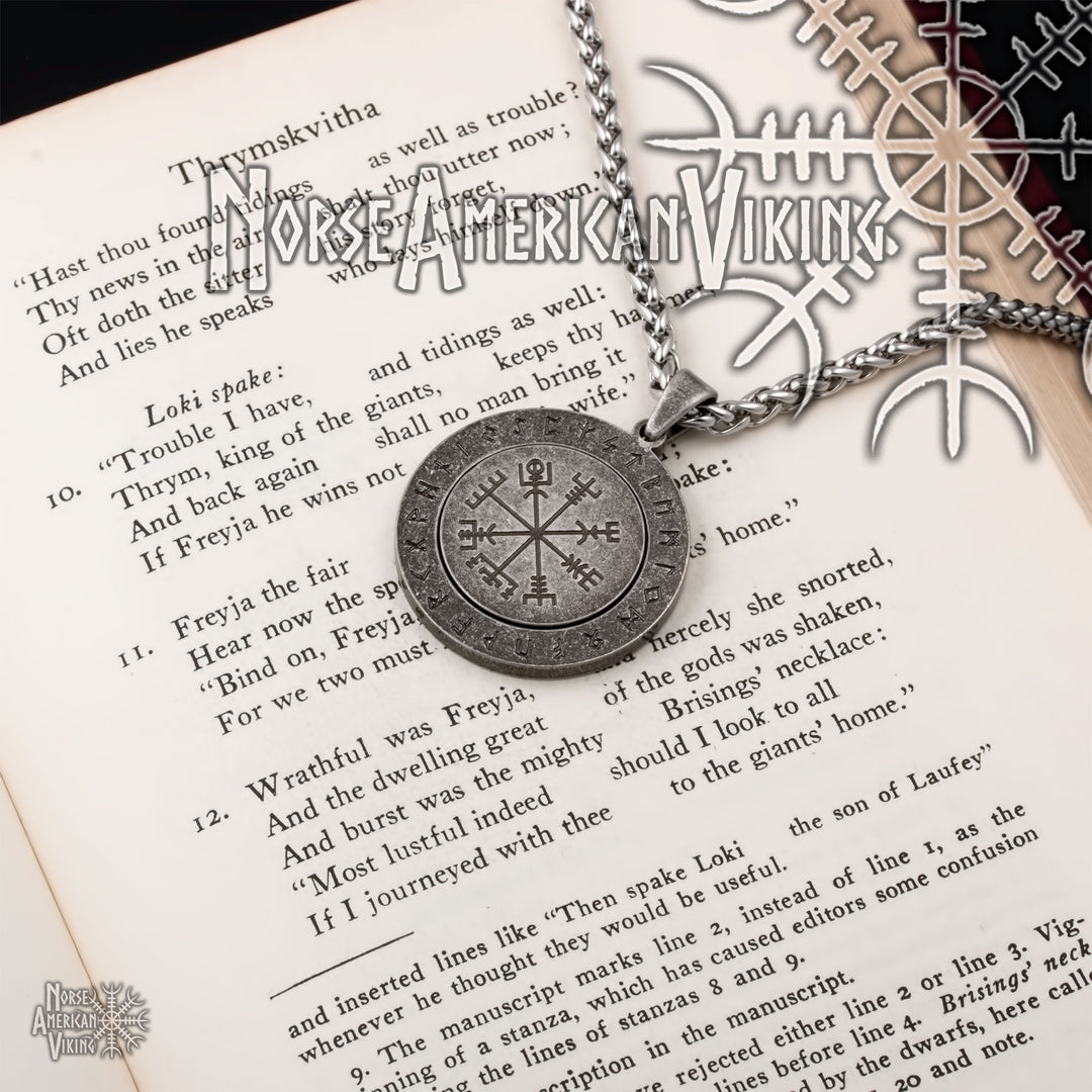 Viking Vegvisir Elder Futhark Rune Spinner Stainless Steel Pendant Necklace