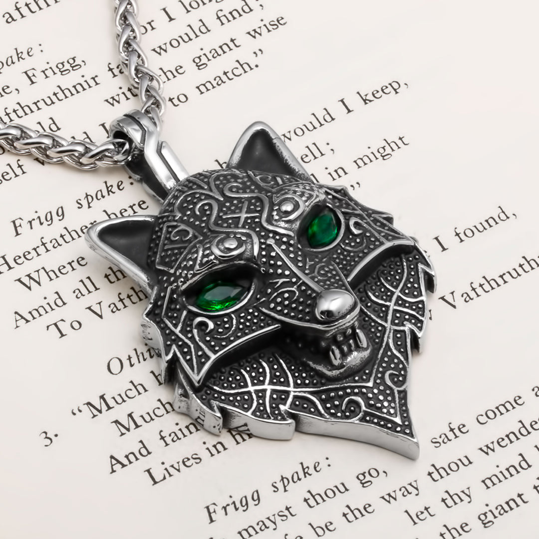 Fenrir Wolf Head Pendant Necklace Stainless Steel Viking