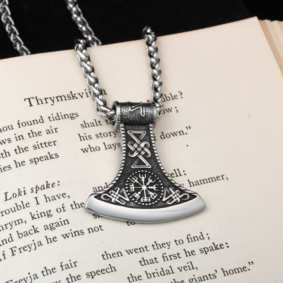 Axe Vegvisir Sowilo Viking Pendant Necklace 316L Stainless Steel