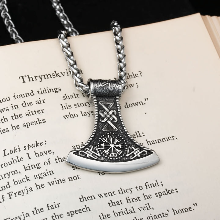 Axe Vegvisir Sowilo Viking Pendant Necklace 316L Stainless Steel