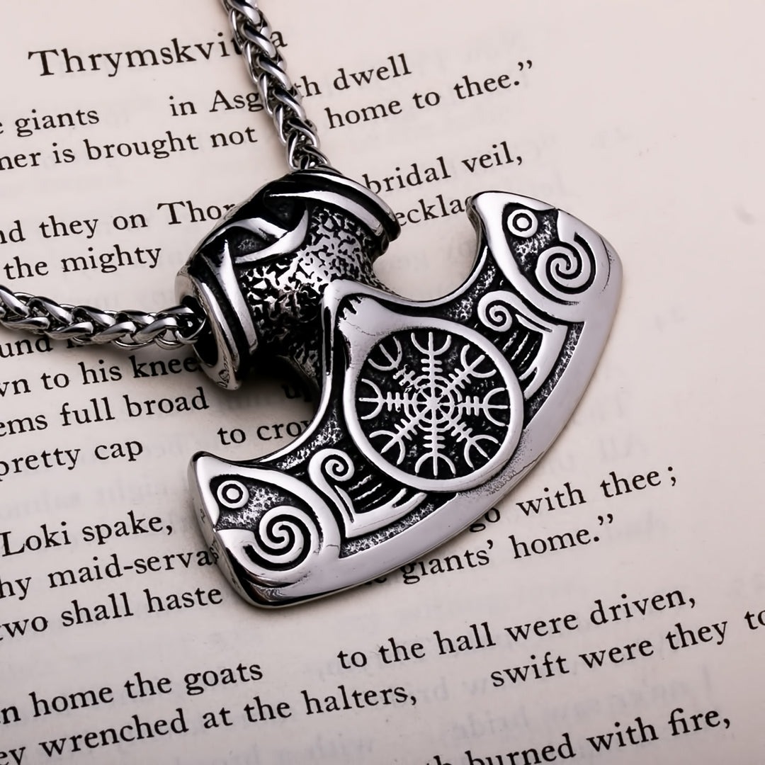 Helm of Awe Axe Pendant Necklace 316L Stainless Steel Norse Viking
