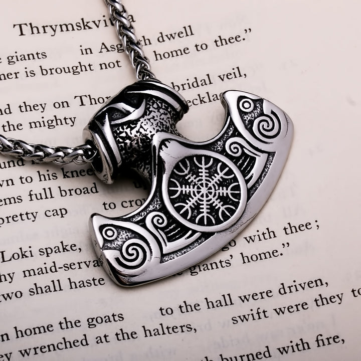 Helm of Awe Axe Pendant Necklace 316L Stainless Steel Norse Viking