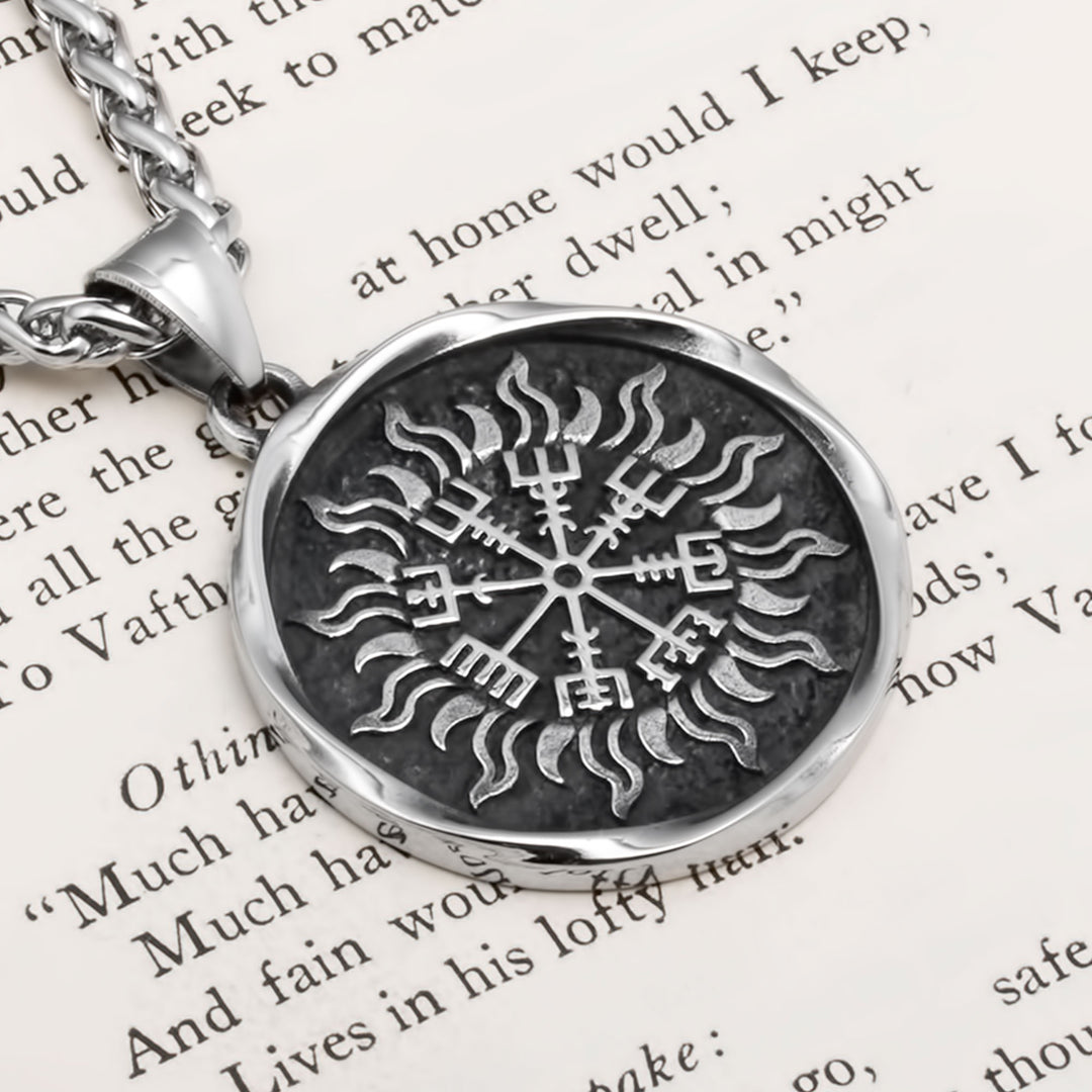 Vegvisir Compass Sun Pendant Necklace Stainless Steel Viking