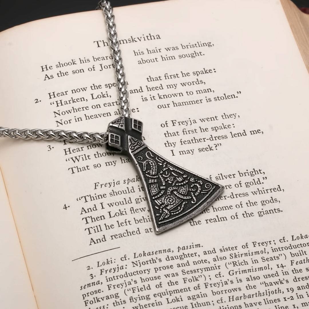 Viking Axe Ancient Norse Dragon Pendant Necklace