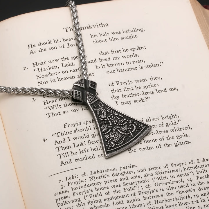Viking Axe Ancient Norse Dragon Pendant Necklace